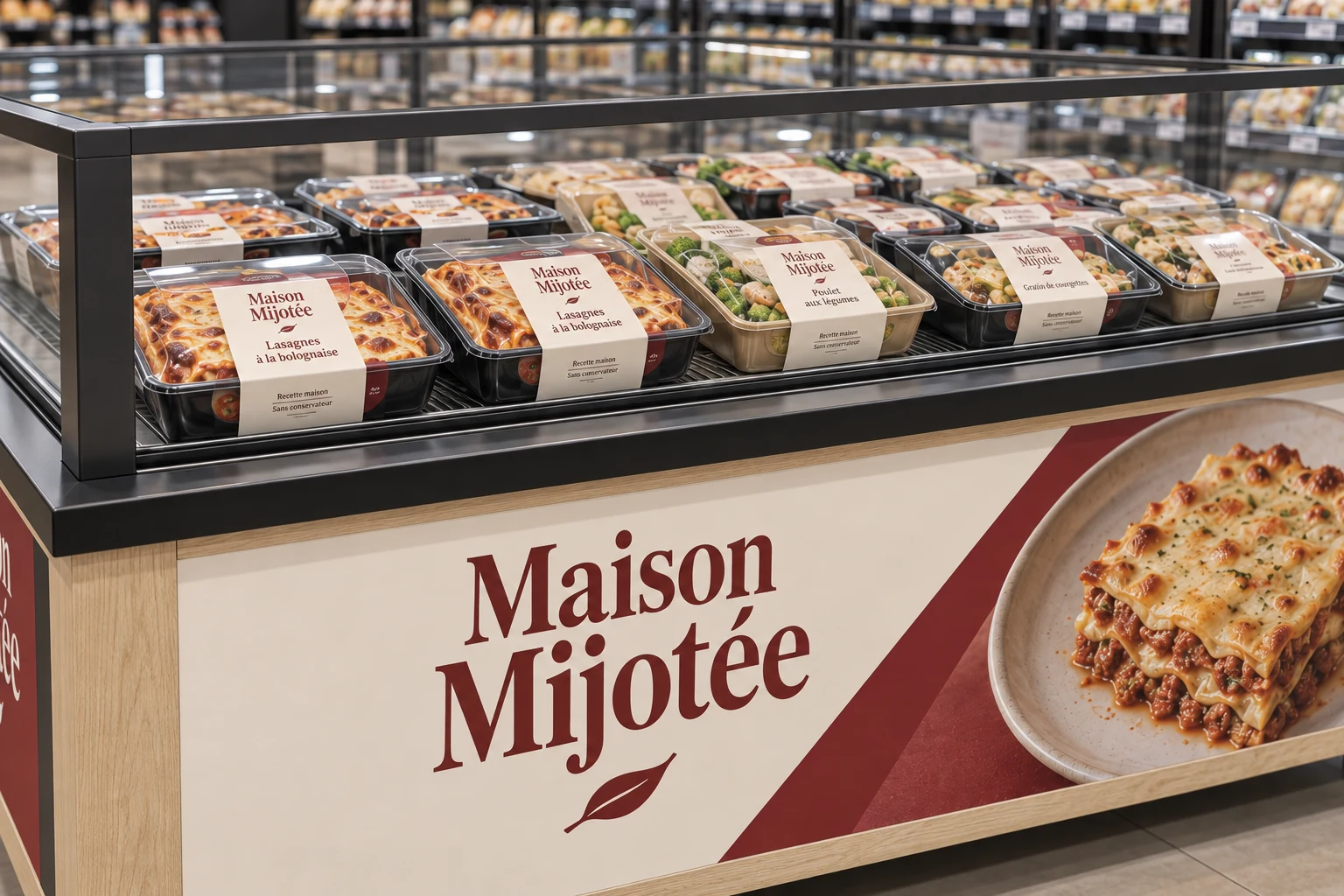 Barquettes de plats cuisinés sous vitrine et habillage Maison Mijotée.
