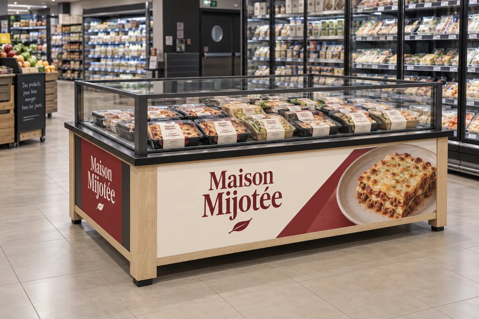 Meuble bas vitré BYS habillé Maison Mijotée, dans le rayon traiteur d’un magasin.